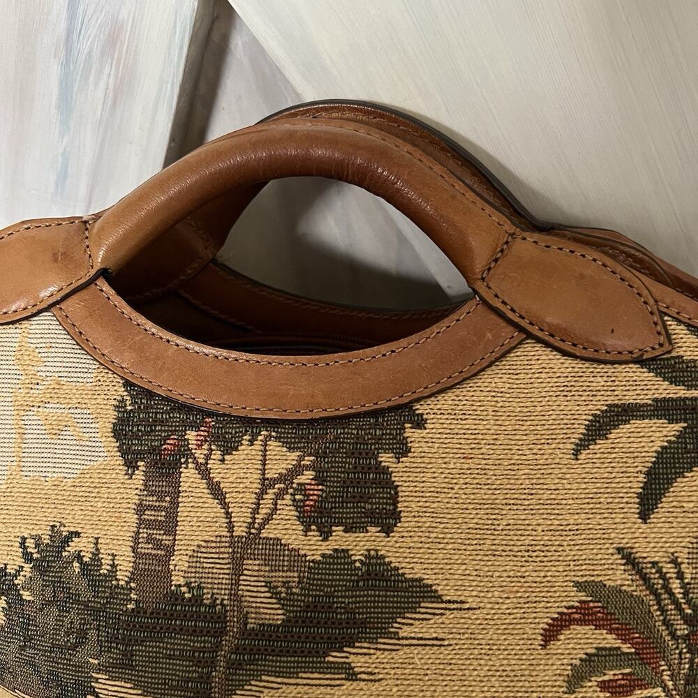 Tommy Bahama Vintage Tapestry Clutch Bag Wooden Handles Palm Print Leather Trim - Picture 4 of 14